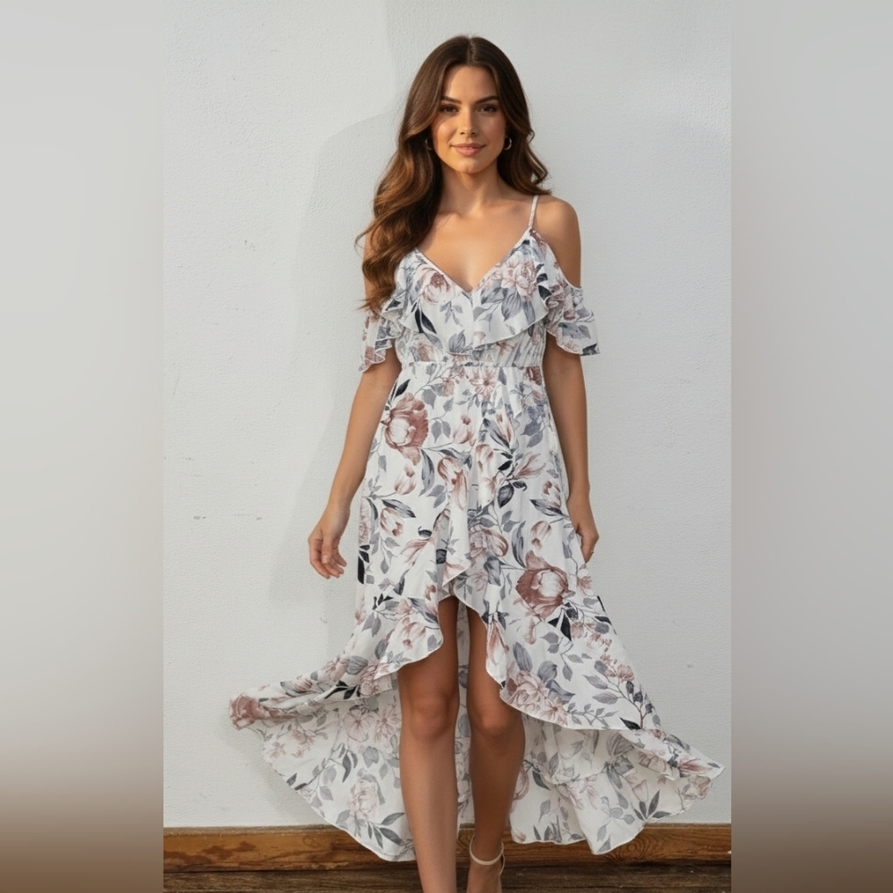 HLUSH Blush Floral High Low Dress with Ruffle Accents